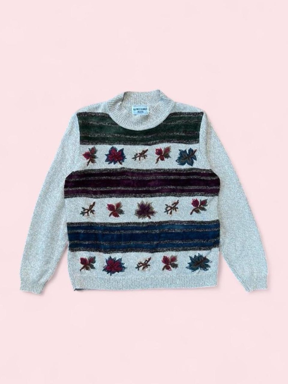 Vintage Cream Cable-Knit Cowl Sweater with Embroidered Leaves